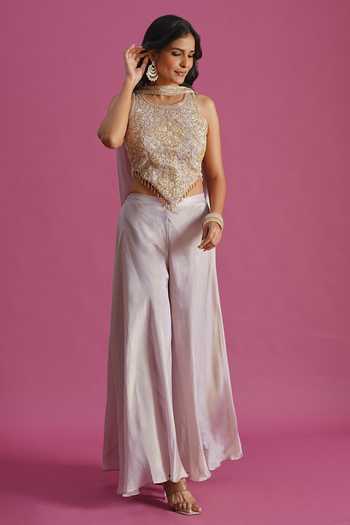 Samyukta Singhania Grey Tissue Round Neck Hand Embroidered Top Palazzo Set at Aza Fashions Samyukta Singhania_Grey Tissue Round Neck Hand Embroidered Top Palazzo Set _at_Aza_Fashions