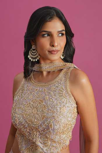 Shop Samyukta Singhania Grey Tissue Round Neck Hand Embroidered Top Palazzo Set Shop_Samyukta Singhania_Grey Tissue Round Neck Hand Embroidered Top Palazzo Set