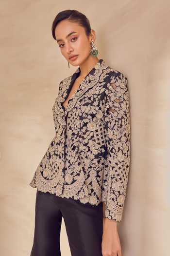 Pankaj & Nidhi Black Silk Organza Open Neck Calista Gold Embroidered Jacket And Sharara Set Online at Aza Fashions Pankaj & Nidhi_Black Silk Organza Open Neck Calista Gold Embroidered Jacket And Sharara Set _Online_at_Aza_Fashions