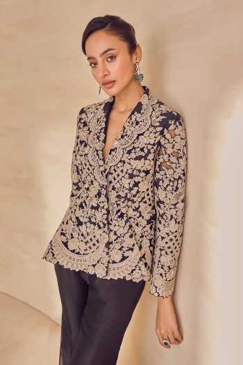 Buy Pankaj & Nidhi Black Silk Organza Open Neck Calista Gold Embroidered Jacket And Sharara Set Online at Aza Fashions Buy_Pankaj & Nidhi_Black Silk Organza Open Neck Calista Gold Embroidered Jacket And Sharara Set _Online_at_Aza_Fashions