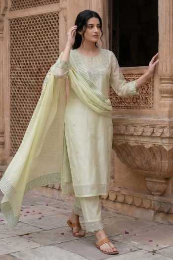 Shop Missprint Green Chanderi Silk, Cotton, Organza Round Neck Block Print Pastel Kurta Set Online at Aza Fashions Shop_Missprint_Green Chanderi Silk, Cotton, Organza Round Neck Block Print Pastel Kurta Set _Online_at_Aza_Fashions