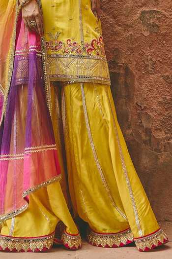 Ajiesh Oberoi_Yellow Silk, Organza, Bamboo Notched Neck, Basanti Embroidered Kurta Sharara Set _Online_at_Aza_Fashions