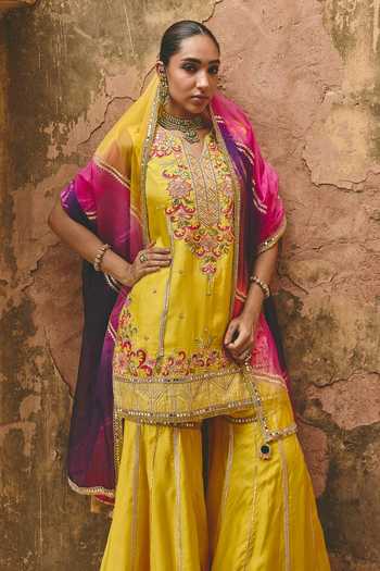 Buy_Ajiesh Oberoi_Yellow Silk, Organza, Bamboo Notched Neck, Basanti Embroidered Kurta Sharara Set _Online_at_Aza_Fashions