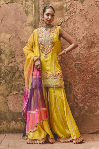 Ajiesh Oberoi Basanti Embroidered Kurta Sharara Set