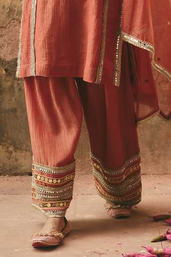 Ajiesh Oberoi_Orange Organza, Tissue, Crinkle High Beli Embroidered Kurta Farshi Salwar Set _Online_at_Aza_Fashions