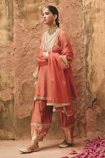 Shop_Ajiesh Oberoi_Orange Organza, Tissue, Crinkle High Beli Embroidered Kurta Farshi Salwar Set _Online_at_Aza_Fashions