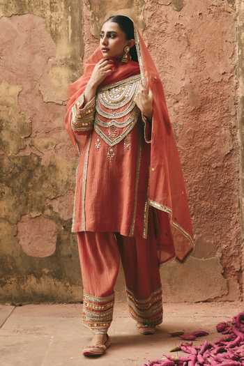 Ajiesh Oberoi_Orange Organza, Tissue, Crinkle High Beli Embroidered Kurta Farshi Salwar Set _at_Aza_Fashions