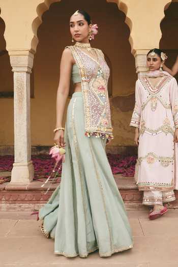 Ajiesh Oberoi_Green Organza, Tissue, Crinkle V-neck, Yes Paro Embroidered Kurta And Sharara Set _Online_at_Aza_Fashions
