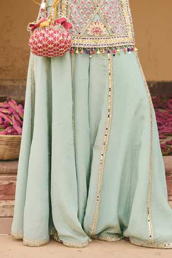 Buy_Ajiesh Oberoi_Green Organza, Tissue, Crinkle V-neck, Yes Paro Embroidered Kurta And Sharara Set _Online_at_Aza_Fashions