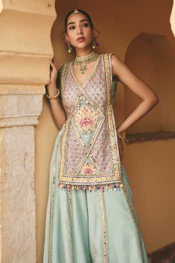 Shop_Ajiesh Oberoi_Green Organza, Tissue, Crinkle V-neck, Yes Paro Embroidered Kurta And Sharara Set _Online_at_Aza_Fashions