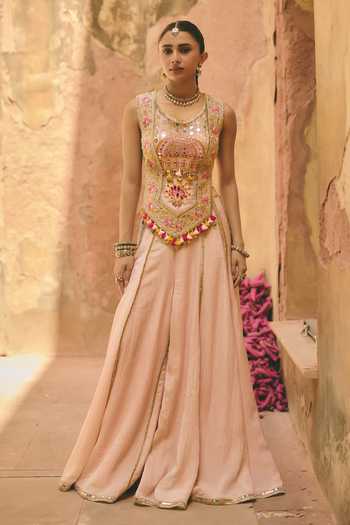 Buy_Ajiesh Oberoi_Pink Organza, Tissue, Crinkle Round Neck Mogra Embroidered Top And Sharara Set _Online_at_Aza_Fashions
