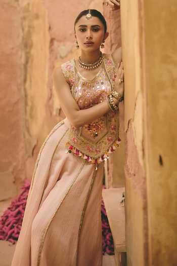 Shop_Ajiesh Oberoi_Pink Organza, Tissue, Crinkle Round Neck Mogra Embroidered Top And Sharara Set _Online_at_Aza_Fashions
