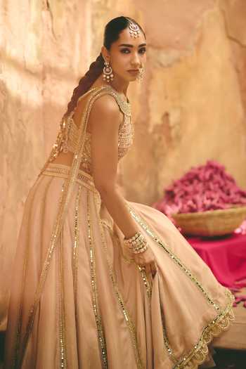 Ajiesh Oberoi_Beige Crinkle, Tissue Halter Neck, Chamkili Embroidered Blouse And Lehenga Set _Online_at_Aza_Fashions