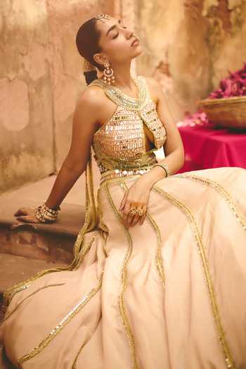 Buy_Ajiesh Oberoi_Beige Crinkle, Tissue Halter Neck, Chamkili Embroidered Blouse And Lehenga Set _Online_at_Aza_Fashions