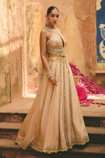 Shop_Ajiesh Oberoi_Beige Crinkle, Tissue Halter Neck, Chamkili Embroidered Blouse And Lehenga Set _Online_at_Aza_Fashions