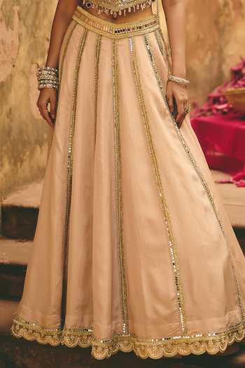 Ajiesh Oberoi_Beige Crinkle, Tissue Halter Neck, Chamkili Embroidered Blouse And Lehenga Set _at_Aza_Fashions