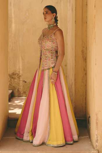 Ajiesh Oberoi_Pink Organza, Tissue, Crinkle Vrinda Embroidered Top Panelled Lehenga Set _Online_at_Aza_Fashions