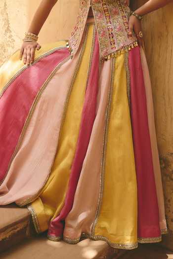 Buy_Ajiesh Oberoi_Pink Organza, Tissue, Crinkle Vrinda Embroidered Top Panelled Lehenga Set _Online_at_Aza_Fashions