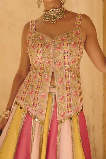 Shop_Ajiesh Oberoi_Pink Organza, Tissue, Crinkle Vrinda Embroidered Top Panelled Lehenga Set _Online_at_Aza_Fashions