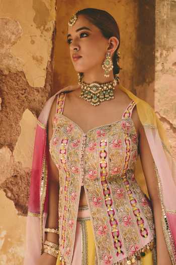 Ajiesh Oberoi_Pink Organza, Tissue, Crinkle Vrinda Embroidered Top Panelled Lehenga Set _at_Aza_Fashions