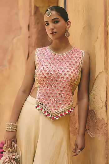 Buy_Ajiesh Oberoi_Pink Organza, Crinkle, Tissue Sequins, Peehu Embroidered Corset And Sharara Set _Online_at_Aza_Fashions