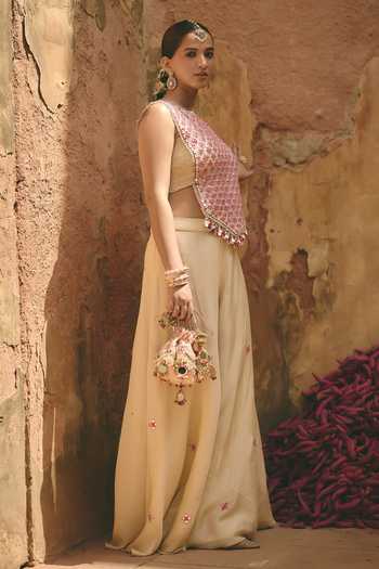 Shop_Ajiesh Oberoi_Pink Organza, Crinkle, Tissue Sequins, Peehu Embroidered Corset And Sharara Set _Online_at_Aza_Fashions