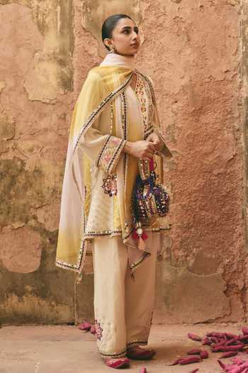Buy_Ajiesh Oberoi_Yellow Organza, Tissue, Crinkle Round Kaiyra Embroidered Color Block Kurta Set _Online_at_Aza_Fashions