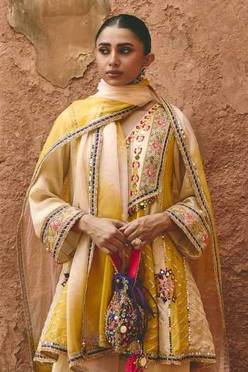 Shop_Ajiesh Oberoi_Yellow Organza, Tissue, Crinkle Round Kaiyra Embroidered Color Block Kurta Set _Online_at_Aza_Fashions