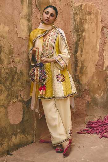 Ajiesh Oberoi_Yellow Organza, Tissue, Crinkle Round Kaiyra Embroidered Color Block Kurta Set _at_Aza_Fashions