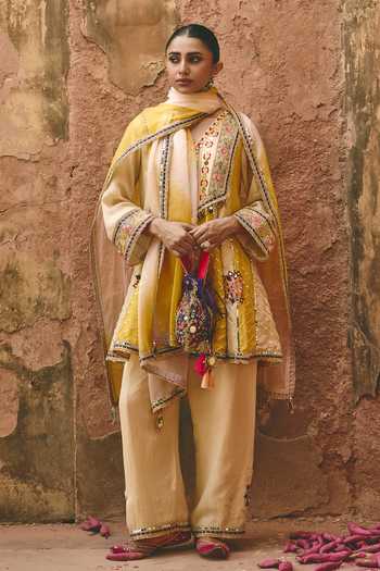Buy_Ajiesh Oberoi_Yellow Organza, Tissue, Crinkle Round Kaiyra Embroidered Color Block Kurta Set 