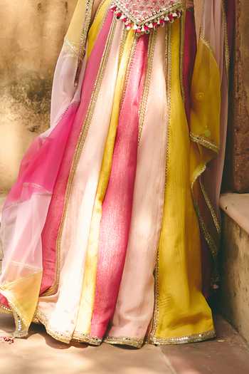 Ajiesh Oberoi_Multi Color Organza, Tissue, Crinkle Round Neck Rang Mahal Block Lehenga Set _Online_at_Aza_Fashions