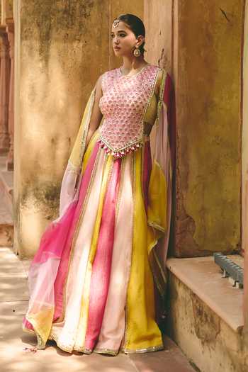 Ajiesh Oberoi Rang Mahal Color Block Lehenga Set