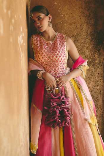 Buy_Ajiesh Oberoi_Multi Color Organza, Tissue, Crinkle Round Neck Rang Mahal Block Lehenga Set _Online_at_Aza_Fashions