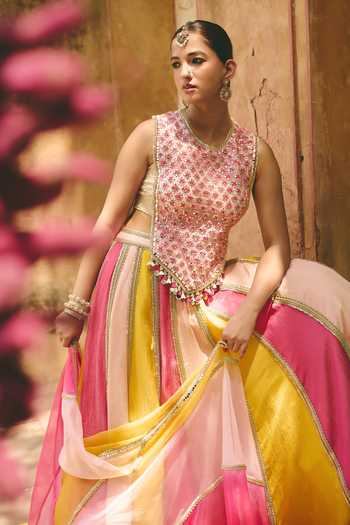 Shop_Ajiesh Oberoi_Multi Color Organza, Tissue, Crinkle Round Neck Rang Mahal Block Lehenga Set _Online_at_Aza_Fashions