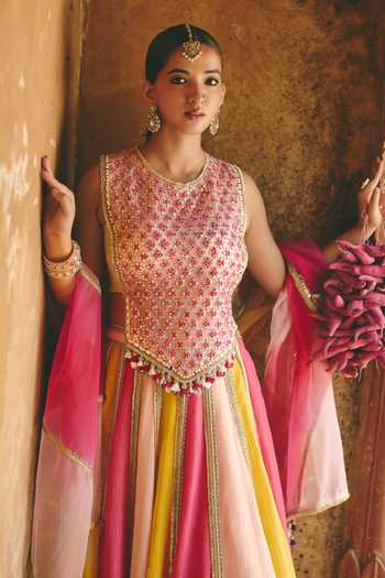 Ajiesh Oberoi_Multi Color Organza, Tissue, Crinkle Round Neck Rang Mahal Block Lehenga Set _at_Aza_Fashions