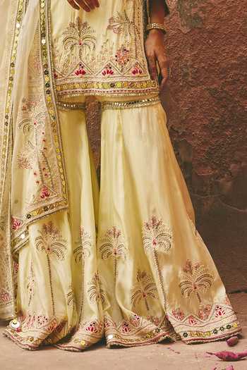 Ajiesh Oberoi_Yellow Silk, Organza, Bamboo Round Neck, Shahzadi Embroidered Kurta Sharara Set _Online_at_Aza_Fashions