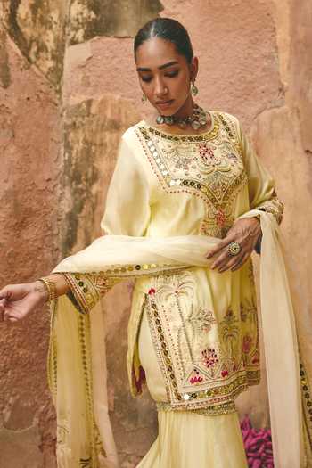 Buy_Ajiesh Oberoi_Yellow Silk, Organza, Bamboo Round Neck, Shahzadi Embroidered Kurta Sharara Set _Online_at_Aza_Fashions