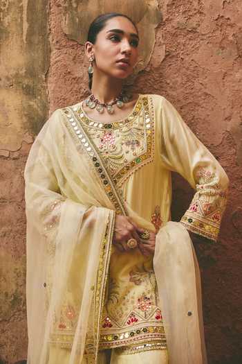 Shop_Ajiesh Oberoi_Yellow Silk, Organza, Bamboo Round Neck, Shahzadi Embroidered Kurta Sharara Set _Online_at_Aza_Fashions