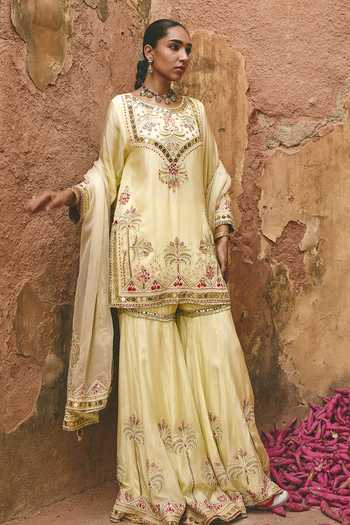 Ajiesh Oberoi_Yellow Silk, Organza, Bamboo Round Neck, Shahzadi Embroidered Kurta Sharara Set _at_Aza_Fashions