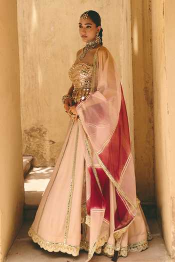 Buy_Ajiesh Oberoi_Pink Organza, Tissue, Crinkle Sohni Mirror Embellished Blouse Lehenga Set _Online_at_Aza_Fashions