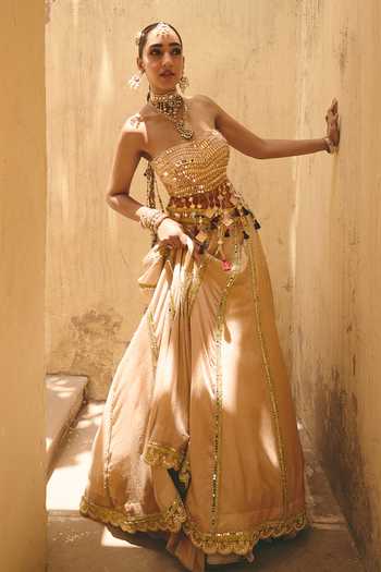 Shop_Ajiesh Oberoi_Pink Organza, Tissue, Crinkle Sohni Mirror Embellished Blouse Lehenga Set _Online_at_Aza_Fashions