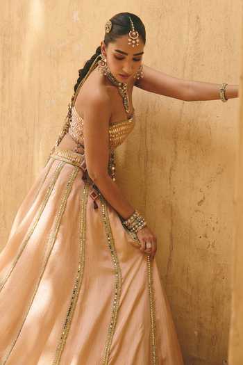Ajiesh Oberoi_Pink Organza, Tissue, Crinkle Sohni Mirror Embellished Blouse Lehenga Set _at_Aza_Fashions