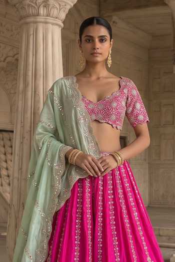 Aneesh Agarwaal Pink Silk Sweetheart Neck Gul-e-rani Embroidered Lehnga Set Online at Aza Fashions Aneesh Agarwaal_Pink Silk Sweetheart Neck Gul-e-rani Embroidered Lehnga Set _Online_at_Aza_Fashions