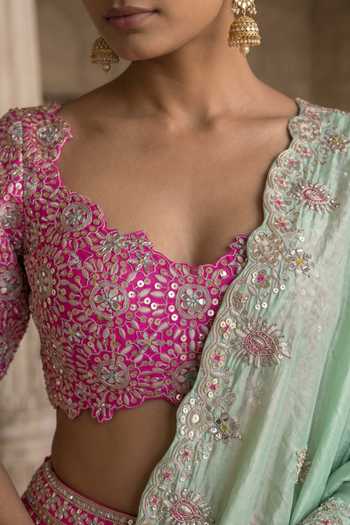 Shop Aneesh Agarwaal Pink Silk Sweetheart Neck Gul-e-rani Embroidered Lehnga Set Online at Aza Fashions Shop_Aneesh Agarwaal_Pink Silk Sweetheart Neck Gul-e-rani Embroidered Lehnga Set _Online_at_Aza_Fashions