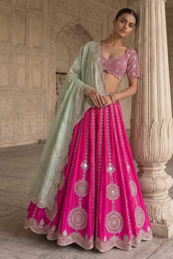 Aneesh Agarwaal Pink Silk Sweetheart Neck Gul-e-rani Embroidered Lehnga Set at Aza Fashions Aneesh Agarwaal_Pink Silk Sweetheart Neck Gul-e-rani Embroidered Lehnga Set _at_Aza_Fashions