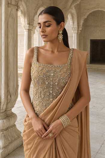 Aneesh Agarwaal Gold Silk Sequins, Beads, Stones, Peetambari Pre-draped Saree With Corset Online at Aza Fashions Aneesh Agarwaal_Gold Silk Sequins, Beads, Stones, Peetambari Pre-draped Saree With Corset _Online_at_Aza_Fashions