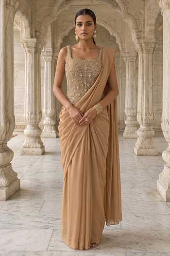 Shop Aneesh Agarwaal Gold Silk Sequins, Beads, Stones, Peetambari Pre-draped Saree With Corset Online at Aza Fashions Shop_Aneesh Agarwaal_Gold Silk Sequins, Beads, Stones, Peetambari Pre-draped Saree With Corset _Online_at_Aza_Fashions