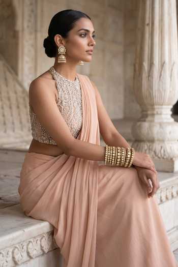 Aneesh Agarwaal Beige Silk, Chiffon, Net High Neck Roop Chhaya Pre-stitched Saree With Blouse Online at Aza Fashions Aneesh Agarwaal_Beige Silk, Chiffon, Net High Neck Roop Chhaya Pre-stitched Saree With Blouse _Online_at_Aza_Fashions