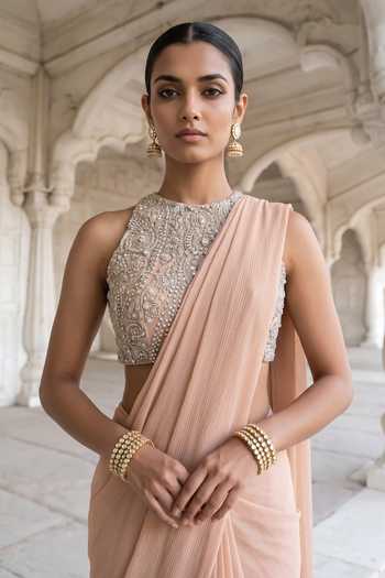 Buy Aneesh Agarwaal Beige Silk, Chiffon, Net High Neck Roop Chhaya Pre-stitched Saree With Blouse Online at Aza Fashions Buy_Aneesh Agarwaal_Beige Silk, Chiffon, Net High Neck Roop Chhaya Pre-stitched Saree With Blouse _Online_at_Aza_Fashions