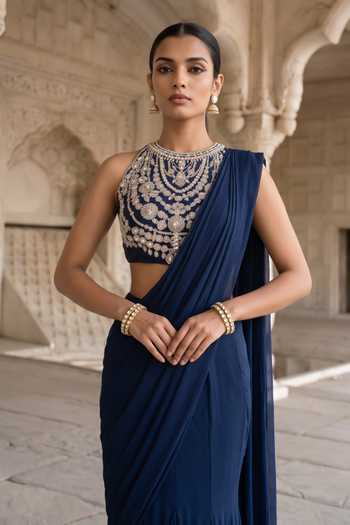 Aneesh Agarwaal Blue Satin, Chiffon, Organza High Neck Neel Dipti Pre-draped Saree With Blouse Online at Aza Fashions Aneesh Agarwaal_Blue Satin, Chiffon, Organza High Neck Neel Dipti Pre-draped Saree With Blouse _Online_at_Aza_Fashions